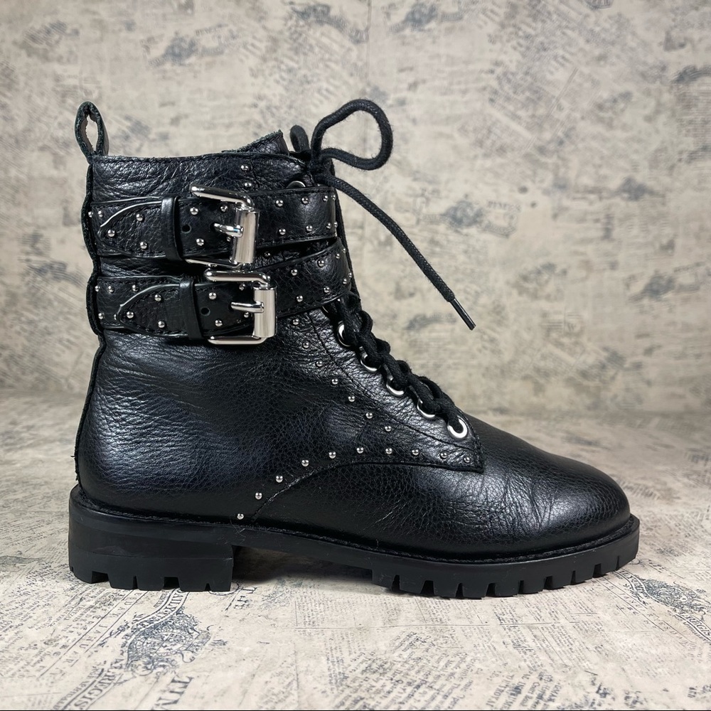 Rebecca Minkoff Jaiden Studded Leather Moto Combat Boots Side Zip Lace-Up